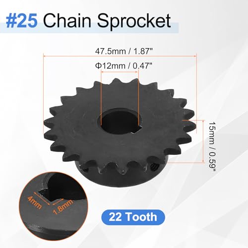 uxcell #25 Chain Roller Sprocket 12mm Bore 47.5mm OD, 22 Tooth C45 Carbon Steel ANSI #25 Roller Sprocket Round Hole with 4x1.8mm Keyway & Set Screws for ISO 04C Chain, Black - size: 12mm Bore 47.5mm OD, 22 Tooth, 4x1.8mm Keyway