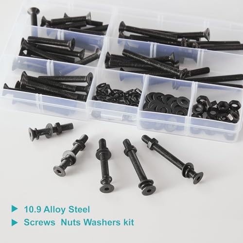 200 PCS M5 x 30mm 35mm 40mm 45mm 50mm, Flat Head Hex Socket Cap Screws Countersunk Bolts Washers Nuts Assortment Kit, 10.9 Grade Alloy Steel, Black Oxide Finish, Metric Allen Drive - size: M5x30/35/40/45/50 mm