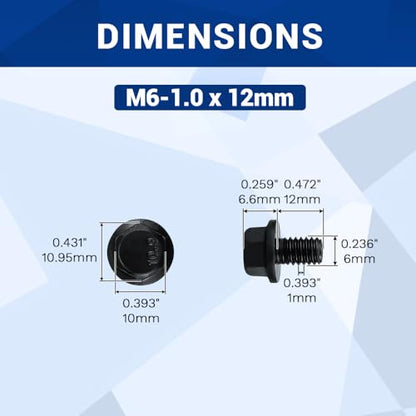 20-Sets M6-1.0 x 12mm Grade 10.9 Flange Hex Bolts + Flange Nut + Flat Washer + Lock Washer Combo Pack, Black Oxide, for Automotive & Machinery - size: M6-1.0 x 12mm