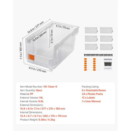 Stackable Clear Plastic Storage Bins 37.6 x 21.6 x 18 cm Set of 6