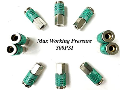 SANFU 1/4-Inch Steel Female Industrial Coupler, Auto-Locked Design, Air Hose Fittings 1/4-Inch Female Threads Quick Connector Air Coupler with Storage Case, 10-Pack(Green) - style: 10PCS Green 1/4" Female Coupler