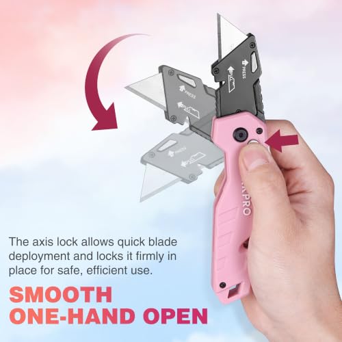 WORKPRO Folding Utility Knife, Quick Change Box Cutter, Pink - color: Pink
