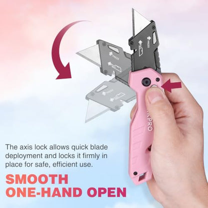 WORKPRO Folding Utility Knife, Quick Change Box Cutter, Pink - color: Pink