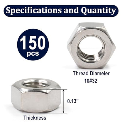ZQZ #10-32 Hex Nuts,150PCS Stainless Steel Hardware Nut 304 ss Threaded Nut - size: SAE 10#32;150 PCS