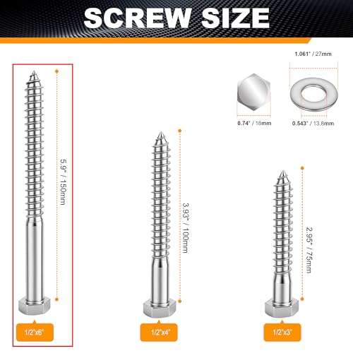 Hex Head Lag Bolts for Wood, Lag Screws 1/2" x 6",24 PCS - size: 1/2" x 6"