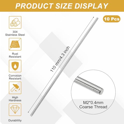 uxcell 10Pcs Fully Threaded Rod M2 x 0.4mm Pitch 110mm/4 Inch Threaded - size: M2x0.4mmx110mm