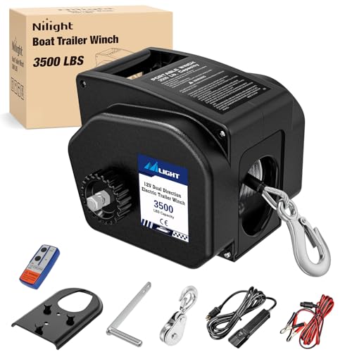 Nilight Boat Trailer Winch 3500 lbs Portable Electric Boat Winches 12 V DC Marine Winch with Remote Control and Hand Crank Power-in Freewheel Operation Waterproof Reversible Winch for Boat Trailer - color: Black, size: Steel Cable