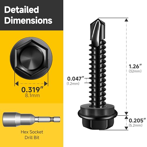 Mywish 50pcs #12 x 1-1/4" Self Drilling Screws for Metal, 410 Stainless Steel Hex Washer Head Self Drilling Screws, Black Oxided Self Tapping Sheet Metal Tek Screw Fast Tapping - size: #12x1-1/4"(50pcs)