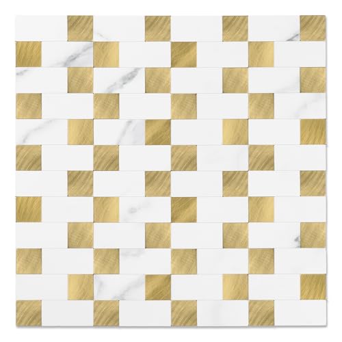 Yipscazo Peel and Stick Backsplash Tile, Stick on Stainless Steel Backsplash Metal Tiles for Kitchen Walls in Marble White Mixed Gold (12''x12'',10 Sheets) - color: Marble White mixed Gold