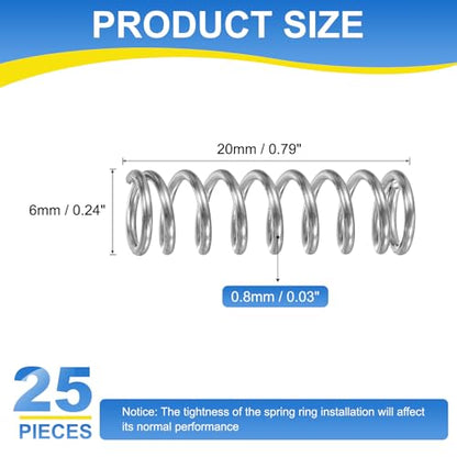 uxcell 25Pcs Compression Spring, 304 Stainless Steel 6mm OD 0.8mm Wire 20mm Length Mechanical Spring for Shop Home Repair Project, Silver Tone - size: 6mm OD 0.8mm Wire 20mm Length
