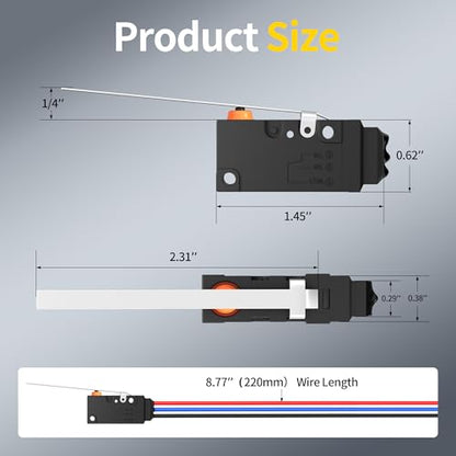 Joinfworld Waterproof Micro Limit Switch with Long Straight Hinge Lever SPDT 3 PIN 10A 125 250V Micorswitch with Pre-Wired for Arduino, Appliance and Electronic - 2Pack - style: WS2-Hinge Lever