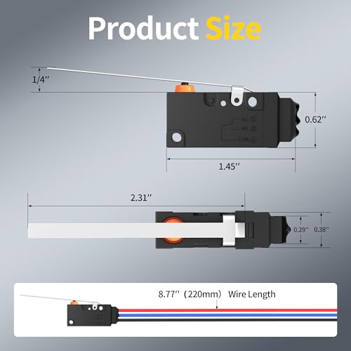 Joinfworld Waterproof Micro Limit Switch with Long Straight Hinge Lever SPDT 3 PIN 10A 125 250V Micorswitch with Pre-Wired for Arduino, Appliance and Electronic - 2Pack - style: WS2-Hinge Lever