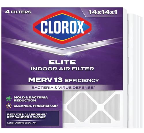 Clorox 14x14x1 Air Filter, MERV 13 Pleated HVAC AC Furnace Air Filters for Allergies, Pet Dander, Smoke and more, MPR 1500 & FPR 10 – Pack of 4 - style: MERV 13 Elite