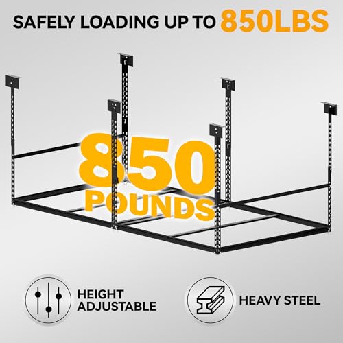 4x8 Ft Overhead Garage Storage Rack, 28-41 inch Height Adjustable Ceiling Mounted Organization Rack, 850 lbs Weight Capacity, 48"x96" Heavy Duty Space-Saving Metal Rack for Garage Storage - size: 4x8ft w/ 4 Support Bars