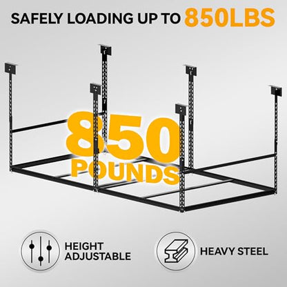 4x8 Ft Overhead Garage Storage Rack, 28-41 inch Height Adjustable Ceiling Mounted Organization Rack, 850 lbs Weight Capacity, 48"x96" Heavy Duty Space-Saving Metal Rack for Garage Storage - size: 4x8ft w/ 4 Support Bars