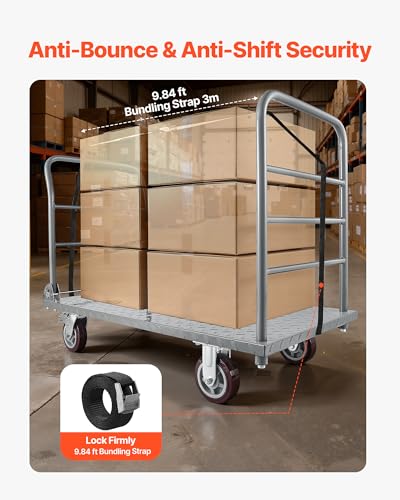 VEVOR 2 in 1Platform Truck, 2650 LBS Heavy Duty Flatbed Cart Dolly with Detachable Rear Guardrail and Swivel Wheels, Foldable Hand Push Truck Cart for Groceries, Garage, Warehouse (48"×24") - size: 48.0 x 24.0 x 36.2 in/1220 x 610 x 920 mm