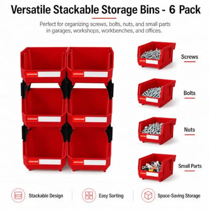 6 Pack Stackable Plastic Parts Bins, 5x4x3 in, Red - color: Red-6 Pack, size: 5"x4"x3"