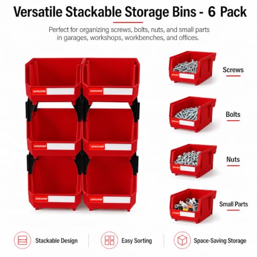 6 Pack Stackable Plastic Parts Bins, 5x4x3 in, Red - color: Red-6 Pack, size: 5"x4"x3"