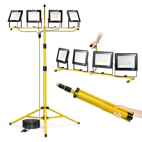 TOPRATED Plug In Led Work Light with Stand,28000 Lumen 110V 4 Adjustable Head Outdoor Flood Lights,Foldable Mechanic Light with 16.5Ft Power Cord,Portable Waterproof Tripod with Lamp for Workbench - size: ONE PACK