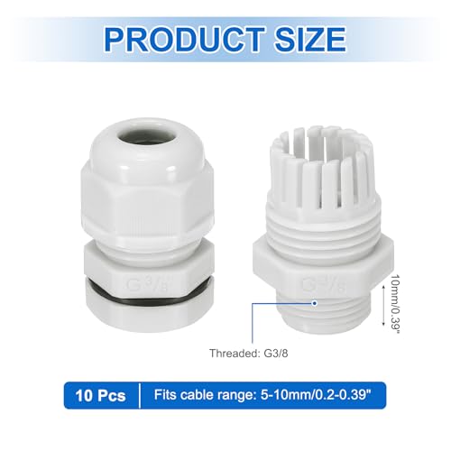MECCANIXITY 10 Pcs G3/8" Cable Glands Adjustable 5-10mm PA6 Nylon IP68 Waterproof Connectors with Seals Anti-Corrosion for Industrial/Outdoor Electrical Systems (White) - size: G3/8"