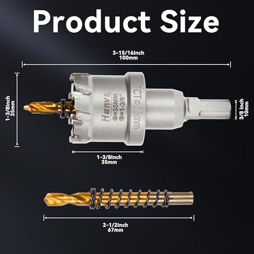 Hole Saw 1-3/8" (35mm) Heavy Duty Carbide with 2 Pilot Drill Bits - Metal Hole Cutter Cuts Stainless Steel, Iron, Copper, Brass, Plastic - size: 35mm|1-3/8"