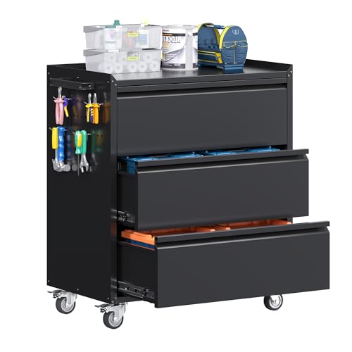 35.5" Rolling Tool Cabinet with 3 Drawers and Side Pegboards - color: Black, size: 18.1"D x 30.3"W x 35.5"H