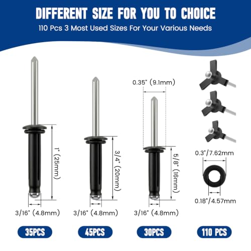 110 Pcs Black Aluminum Tri-Fold Rivets Assortment - size: 110P