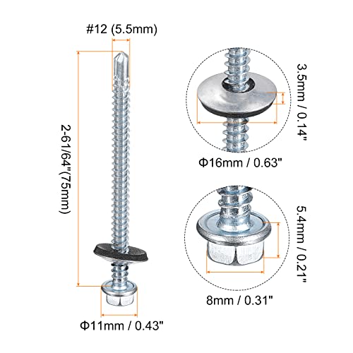 uxcell #12 x 2-61/64" Self Drilling Screws with Rubber Washer, 100pcs Zinc Plated Steel Roofing Screws Hex Head Self Tapping Screws with EPDM Washer for Metal to Metal - size: #12 x 2-61/64"
