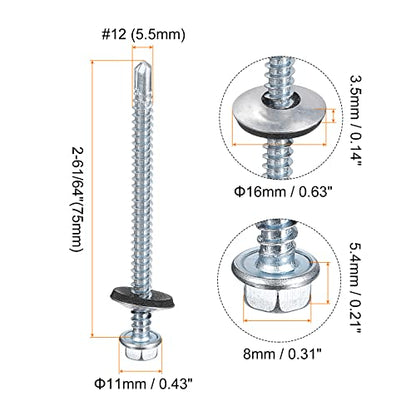 uxcell #12 x 2-61/64" Self Drilling Screws with Rubber Washer, 100pcs Zinc Plated Steel Roofing Screws Hex Head Self Tapping Screws with EPDM Washer for Metal to Metal - size: #12 x 2-61/64"