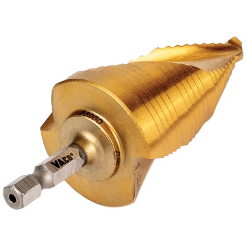Klein Tools 25960 Step Drill Bit, 7/8 to 1-3/8-Inch, Spiral Double-Fluted, Cut Thin Metal, Plastic, Aluminum, Wood, 1/4-Inch Hex Shank, VACO