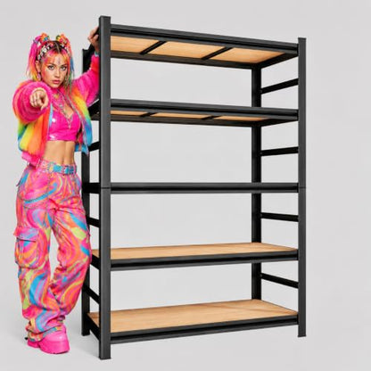 Garage Shelving, 3000 LBS Heavy Duty Metal Storage Shelves with Anti-Fall Rails, 5-Tier Adjustable Wooden Storage Rack for Garage, Warehouse, Basement, 36" W x 16" D x 72" H - size: Wooden 36" W x 16" D x 72" H