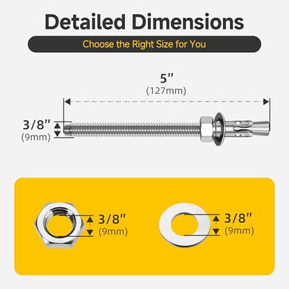 Mywish (50-Pack) 3/8" x 5" 304 Stainless Steel Wedge Anchors for Concrete and Cement, Plain Finish Heavy-Duty 3/8" Stainless Steel Masonry Anchors Bolts for Outdoor - size: 3/8 x 5"