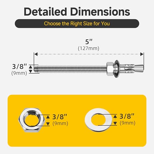 Mywish (50-Pack) 3/8" x 5" 304 Stainless Steel Wedge Anchors for Concrete and Cement, Plain Finish Heavy-Duty 3/8" Stainless Steel Masonry Anchors Bolts for Outdoor - size: 3/8 x 5"