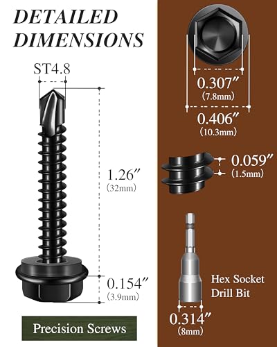 50PCS #10 x 1-1/4" Self Drilling Screws, Black Self Tapping Screws for Metal, 410 Stainless Steel Hex Washer Head Sheet Metal Screw, Quick Tapping with 8mm Hex Socket - color: Black, size: #10 x 1-1/4"