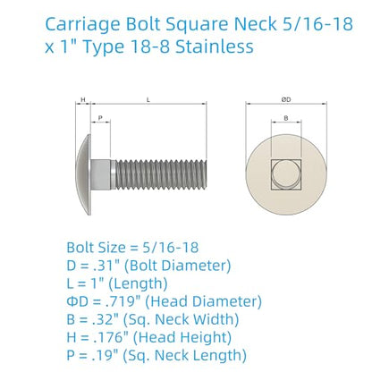SANTIE 5/16"-18 X 1 Stainless Steel Carriage Bolt 25pcs - size: 5/16"-18 X 1" (25pc)