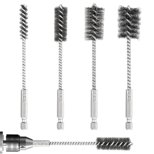 4 PCS Stainless Steel Wire Brushes,Hex Shank Handle Small Wire Brushes,for Drill Ports Tubes Bearings Cleaning Parts Attachments and More,3/8'',1/2'',3/4'',7/8''