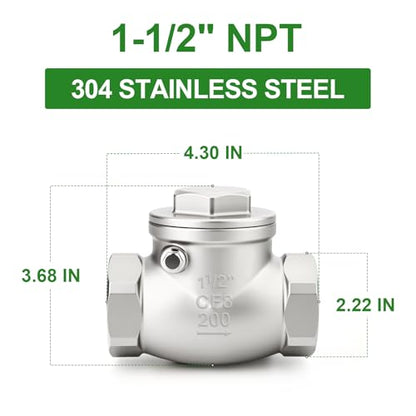 TAISHER 1PCS 304 Stainless Steel 1-1/2" NPT Female Swing Check Valve，Backflow Prevention, One Way Check Valve CF8 WOG 1000 - size: 1-1/2" NPT