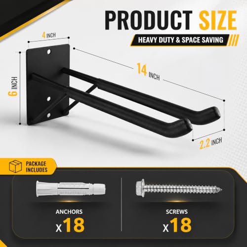 14" Large Heavy Duty Garage Hooks, Steel Garage Storage Hooks with Support Rods, Utility Wall Mount Hangers for Power Tools, Car Tires, Ladders, Chairs, Garden Tools and More (2-Pack 14" Heavy Hooks) - size: 2-Pack 14" Heavy Hooks