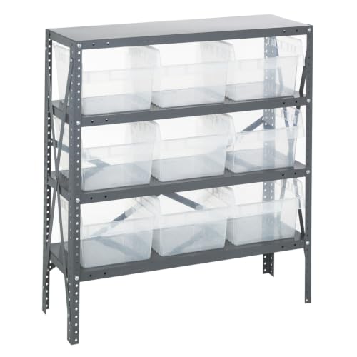 Quantum Storage 1239-SB809 Store-Max Steel Shelf Bin Organizer System, 9 8"H Hopper-Front Bins, 4-Shelf Unit, 400 lb Per Shelf, for Warehouse, Shop, Garage & Stockroom, 12"D x 36"W x 39"H, Clear - size: 39" H x 36" W x 12" D, style: 12" L x 12" W x 8" H 9