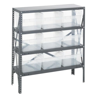 Quantum Storage 1239-SB809 Store-Max Steel Shelf Bin Organizer System, 9 8"H Hopper-Front Bins, 4-Shelf Unit, 400 lb Per Shelf, for Warehouse, Shop, Garage & Stockroom, 12"D x 36"W x 39"H, Clear - size: 39" H x 36" W x 12" D, style: 12" L x 12" W x 8" H 9