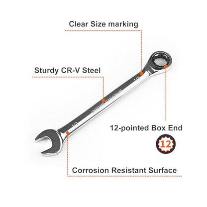 Egofine 1/2 inch Ratcheting Combination Wrench SAE, Industrial Grade Gear Spanner with 12-Point Design, 72-Tooth Ratchet, Chrome Vanadium Steel - size: 1/2"
