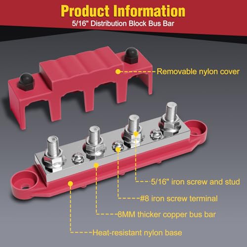 Mofeez 48V 400A Bus Bar 4 x 5/16” Post 3 x #8 Screw Terminal Power Distribution Block for Car Boat Marine (Red & Black) - size: 4 x 5/16"