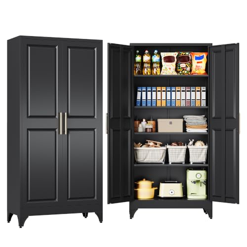 SISESOL 75" Tall Storage Cabinet with 2 Door and 5 Shelves, Wide & Deep Kitchen Pantry Cabinet,Black Metal Cabinets,Large Cupboard for Home,Kitchen,Laundry - color: Black, size: 75.6"H
