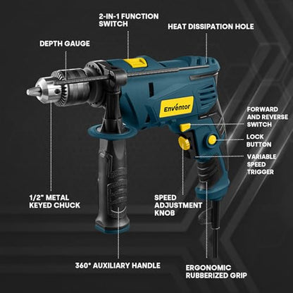 Enventor Hammer Drill with 9 Bits, Variable Speed, 900W, 1/2 in Chuck, Blue