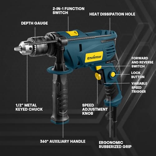Enventor Hammer Drill with 9 Bits, Variable Speed, 900W, 1/2 in Chuck, Blue