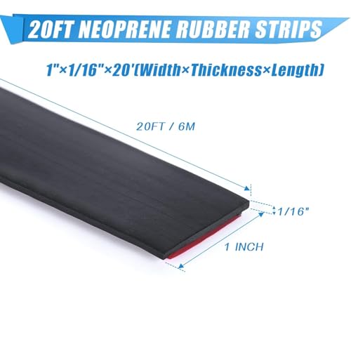 Adhesive Rubber Strips Neoprene Rubber Sheets, Rolls & Strips with Adhesive Backing Rubber Pads Self Stick Seal Gasket Sticky Back for Matting Padding - 1" Wide x 1/16" Thick x 20' Long - size: 1” Wide x 1/16" Thick x 20' Long