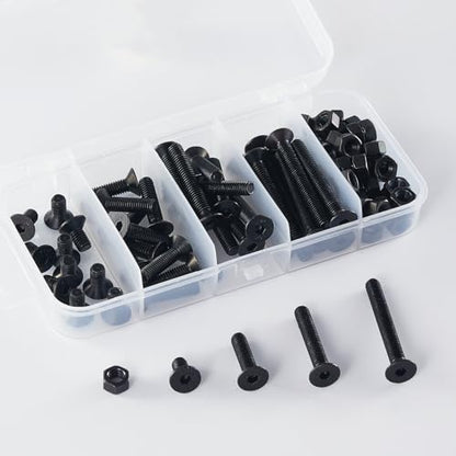 M5 x 10mm 20mm 30mm 40mm, Flat Head Hex Socket Cap Screws Bolts, Countersunk Bolts and Nuts, 10.9 Grade Alloy Steel, Black Oxide, Metric Allen Drive, Fully Thread, Assortment Kit 80PCS - size: M5x10-40mm+Nuts