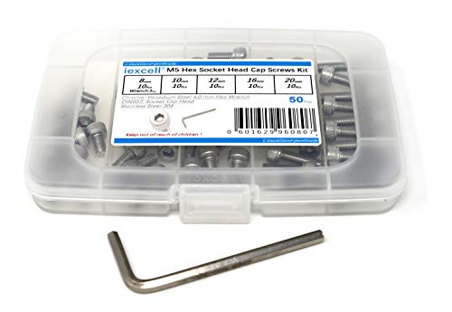 iexcell 50 Pcs M5 x 8/10/12/16/20mm Thread Pitch 0.8 mm Stainless Steel 304 Hex Socket Head Cap Screws Bolts Assortment Kit - size: M5 x 8/10/12/16/20mm