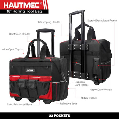 HAUTMEC 18" Rolling Tool Bag with Wheels, Heavy-Duty Water-Resistant Tool Bag Organizer with 23-Pocket, Wide-Mouth Design, Oversized Wheels & Telescoping Handle - HT0059 - color: 18-Inch | Black