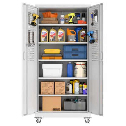 Reemoon Metal Cabinet with 5 Adjustable Shelves,casters and Door pegboard - color: White, size: 16"D x 32"W x 71"H